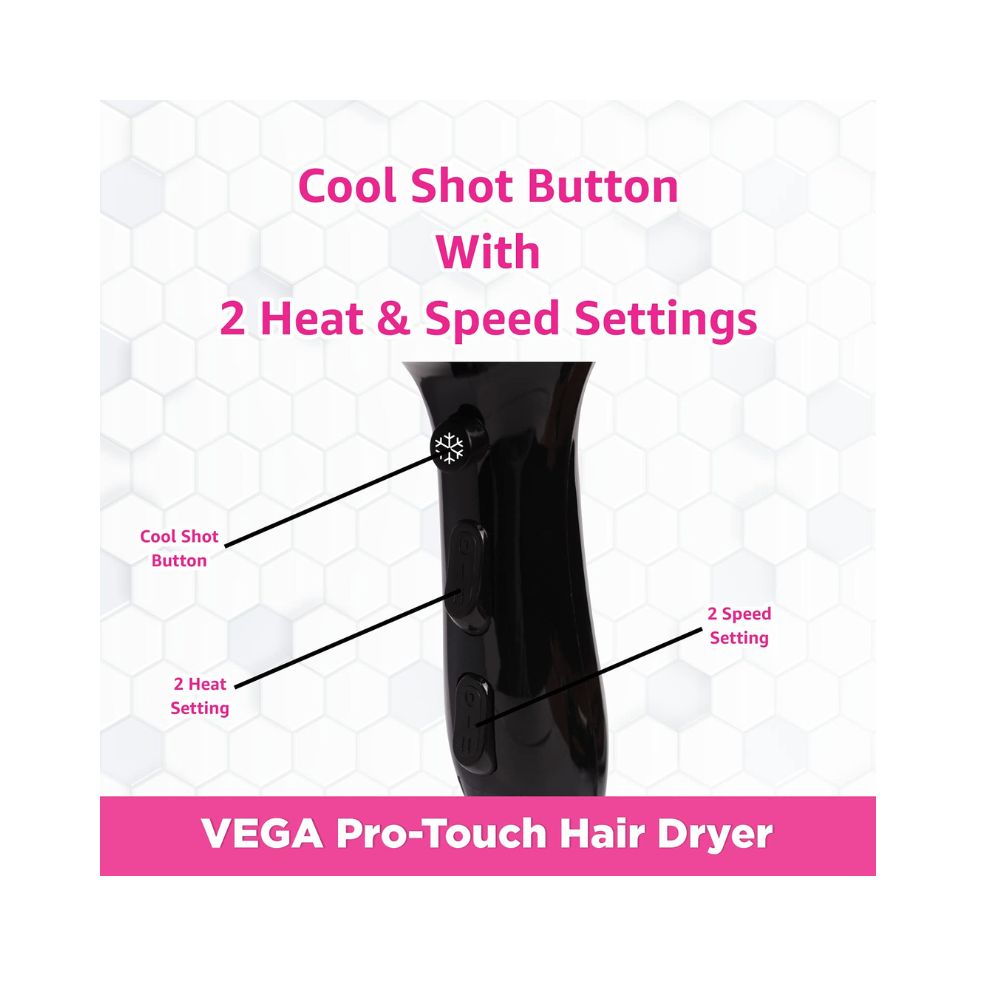 Vega Pro Touch 1800-2000 Watts Professional Hair Dryer with 2 Detachable Nozzles (VHDP-02)