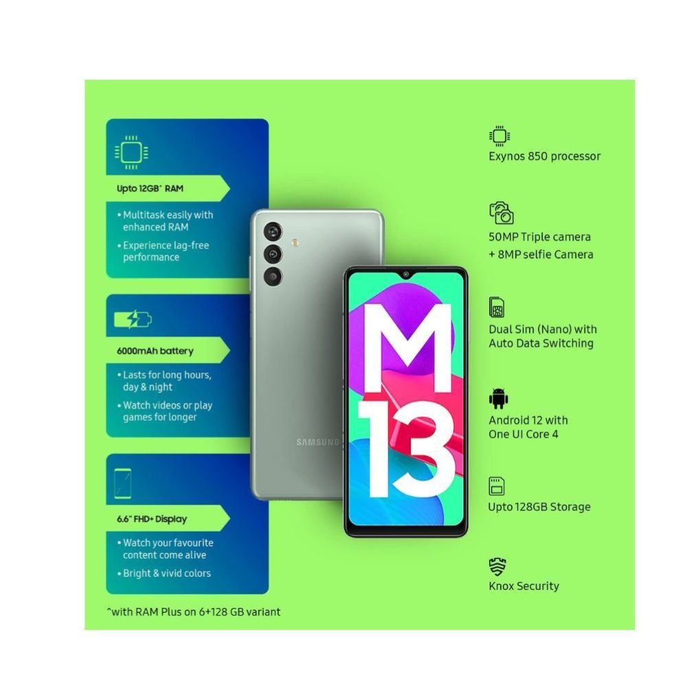 Samsung Galaxy M13 (Aqua Green, 4GB, 64GB Storage) | 6000mAh Battery | Upto 8GB RAM with RAM Plus