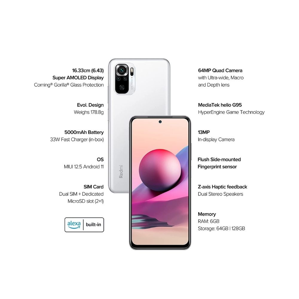 Redmi Note 10S (Frost White, 6GB RAM, 64GB Storage)