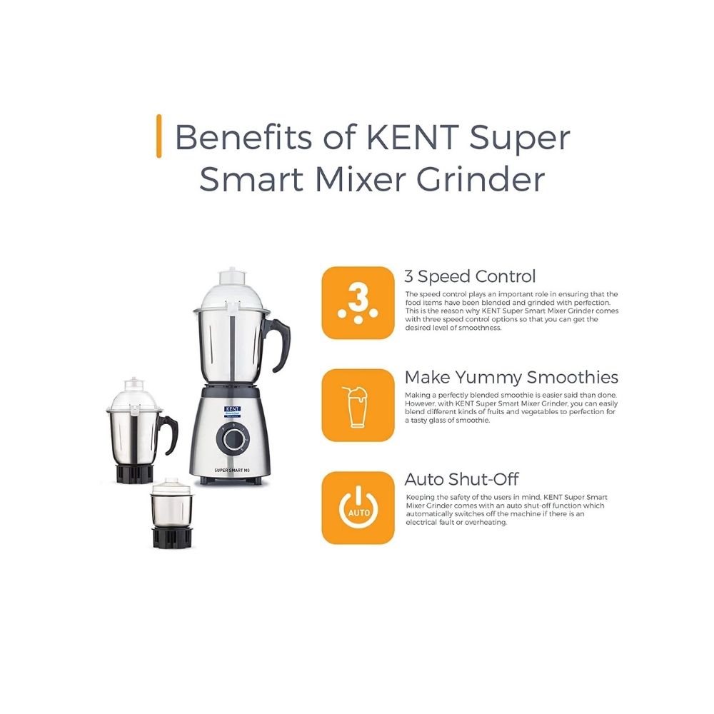 Kent 16061 800W 3 Speed Control Super Smart Mixer Grinder (Silver)