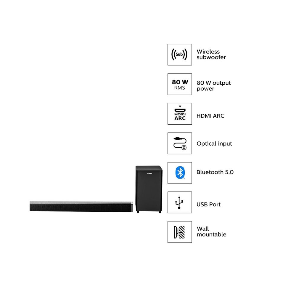 Philips Audio HTL4080/94 80w 5.0 Channel Wireless;HDMI soundbar Speaker,Black