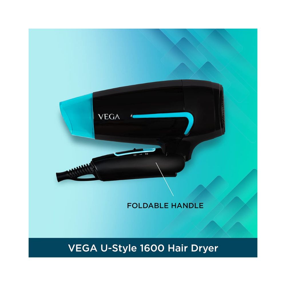 Vega U-Style 1600 Foldable Hair Dryer For Men & Women With Cool Shot Button, Black