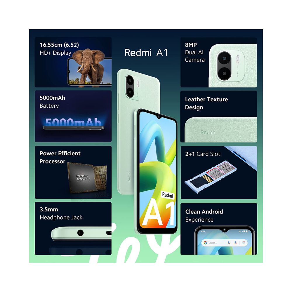 Redmi A1 (Light Green, 2GB RAM 32GB ROM) | Segment Best AI Dual Cam | 5000mAh Battery | Leather Texture Design | Android 12