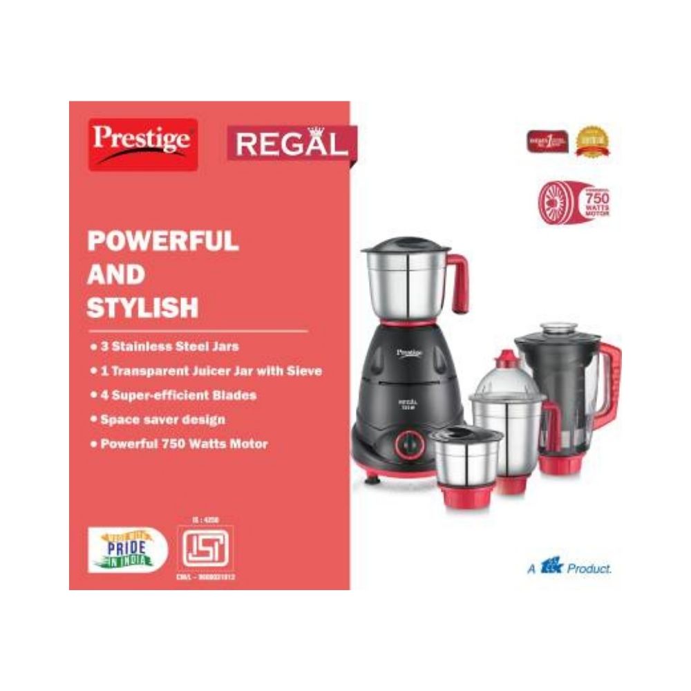 Prestige 41384 Regal 750 Juicer Mixer Grinder (4 Jars, Red and Black)