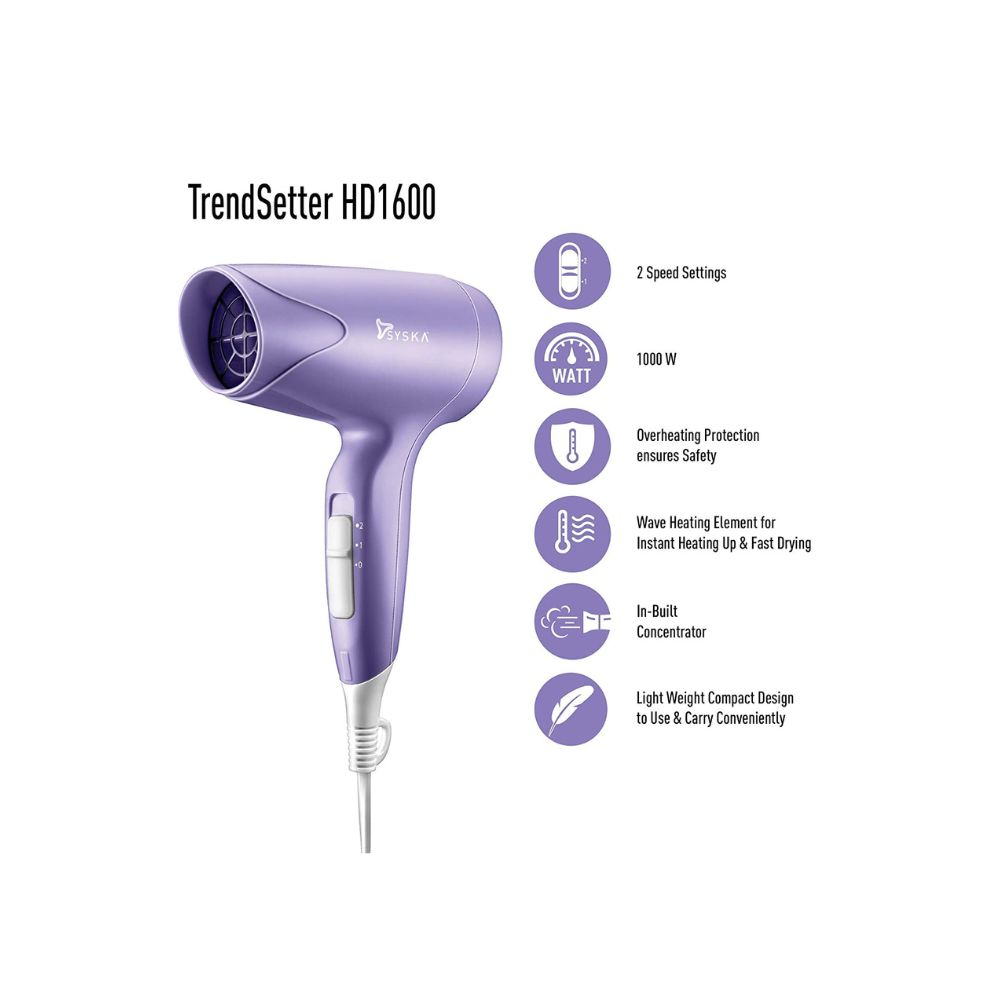 Syska HD1600 Trendsetter Hair Dryer – With Heat Balance Technology (Purple)