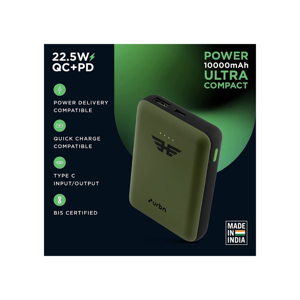 Urbn 10000 mah lithium polymer power bank qcpd with 22.5 watt super fast charging