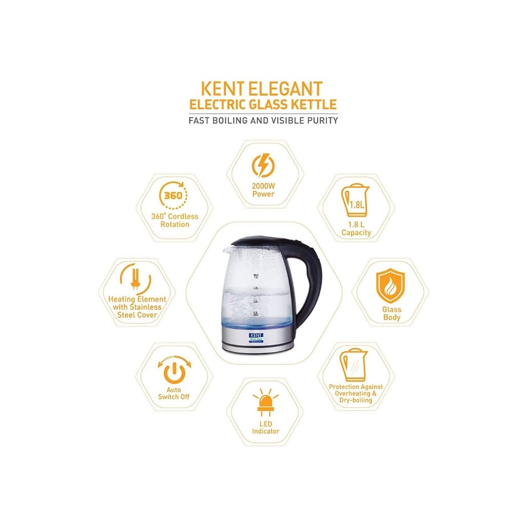 Kent Elegant Electric Glass Kettle (16052), 1.8L, Stainless Steel