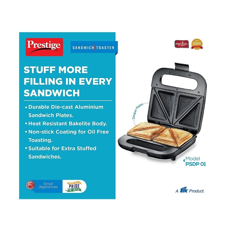 Prestige Sandwich Toaster PSDP 01 With Non-Stick Heating Plates Toast  (Black)