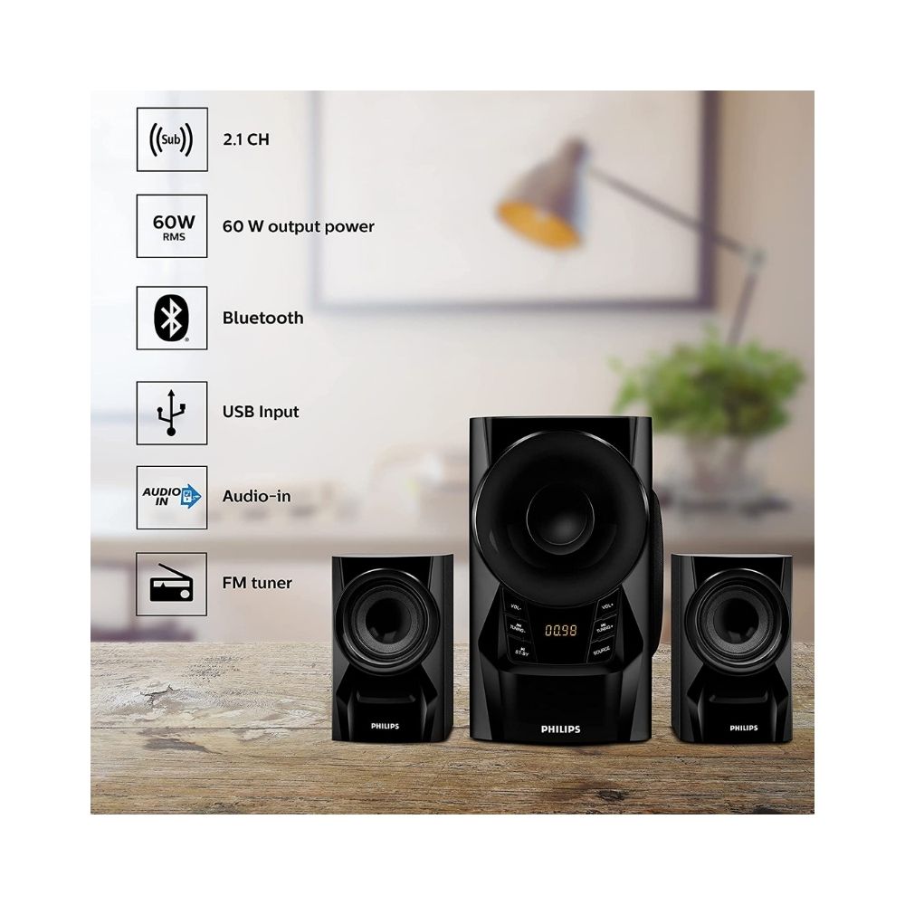 Philips Audio IN-MMS6080B/94 2.1 Channel 60W Multimedia Bluetooth Speakers (Black)