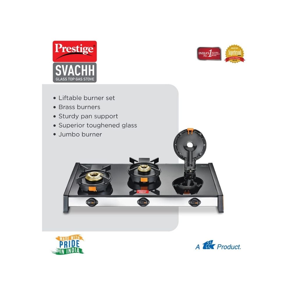 Prestige Svachh GTSV-03 Glass top LP Gas Table, 3 Burner, With Liftable Burner Set