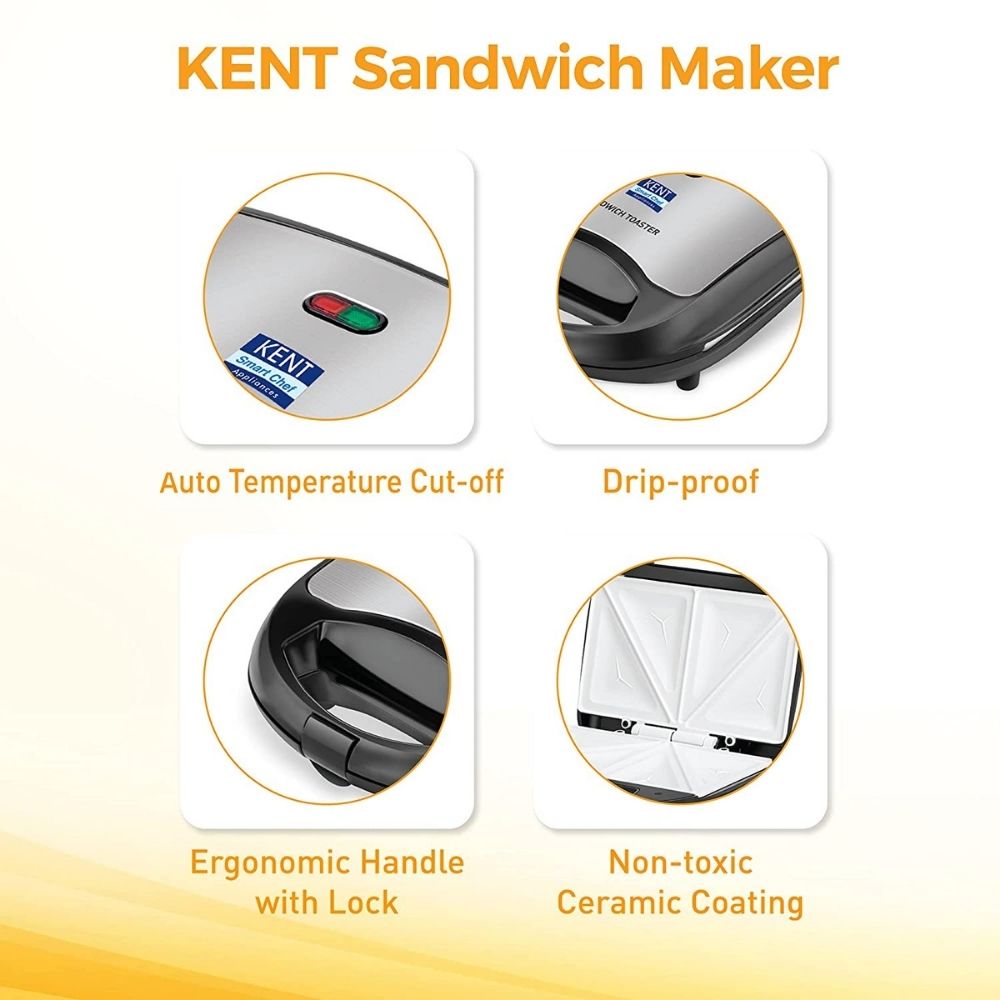 KENT 16024 Sandwich Maker 700 W | Non-Toxic Ceramic Coating Plate | Handle with Lock | Automatic Cut OFF | 4 Slice Sandwich Toaster