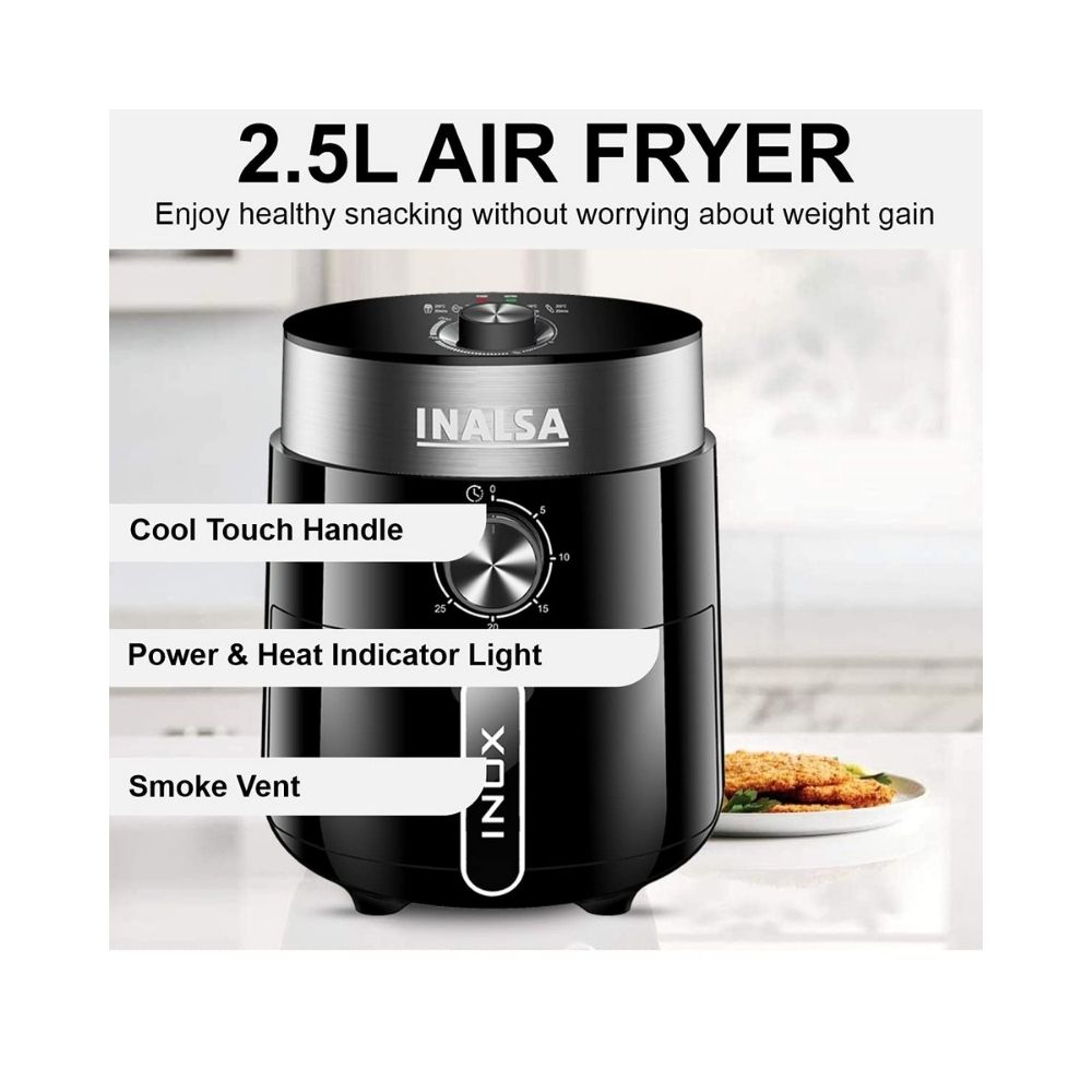 Inalsa 2.5 L Inox-1200W Air Fryer with Power & Heating Light Indicator And 30min Timer with Bell Ring