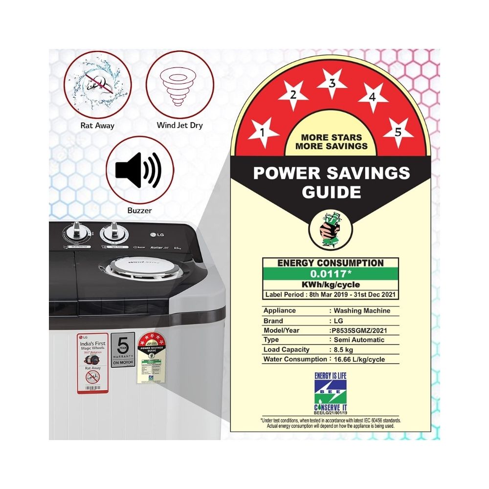 LG 8.5 Kg 5 Star Semi-Automatic Top Loading Washing Machine (P8535SGMZ, Dark Gray, Roller Jet Pulsator), Large