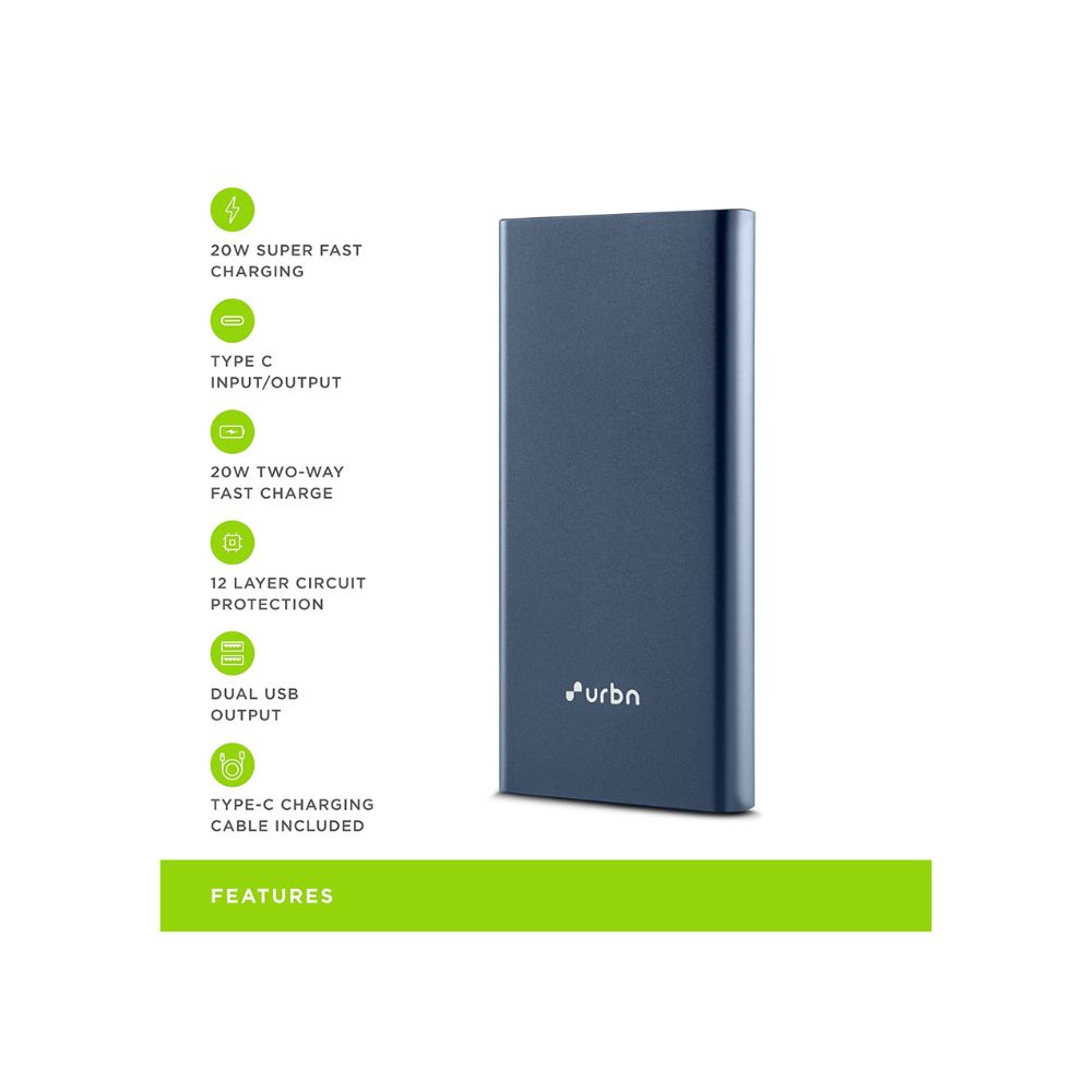 Urbn 10000 mAh Power Bank UPR101 with 20 Watt Super Fast Charging, Blue