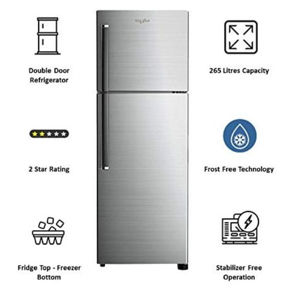 Wirlpool 265 L 2 Star Double Door Refrigerator (NEOFRESH 278LH PRM 2S, Chromium Steel)