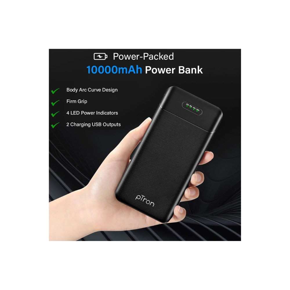 PTron 10000 mAh Lithium Polymer Power Bank Dynamo Lite with 10 Watt Fast Charging, Black