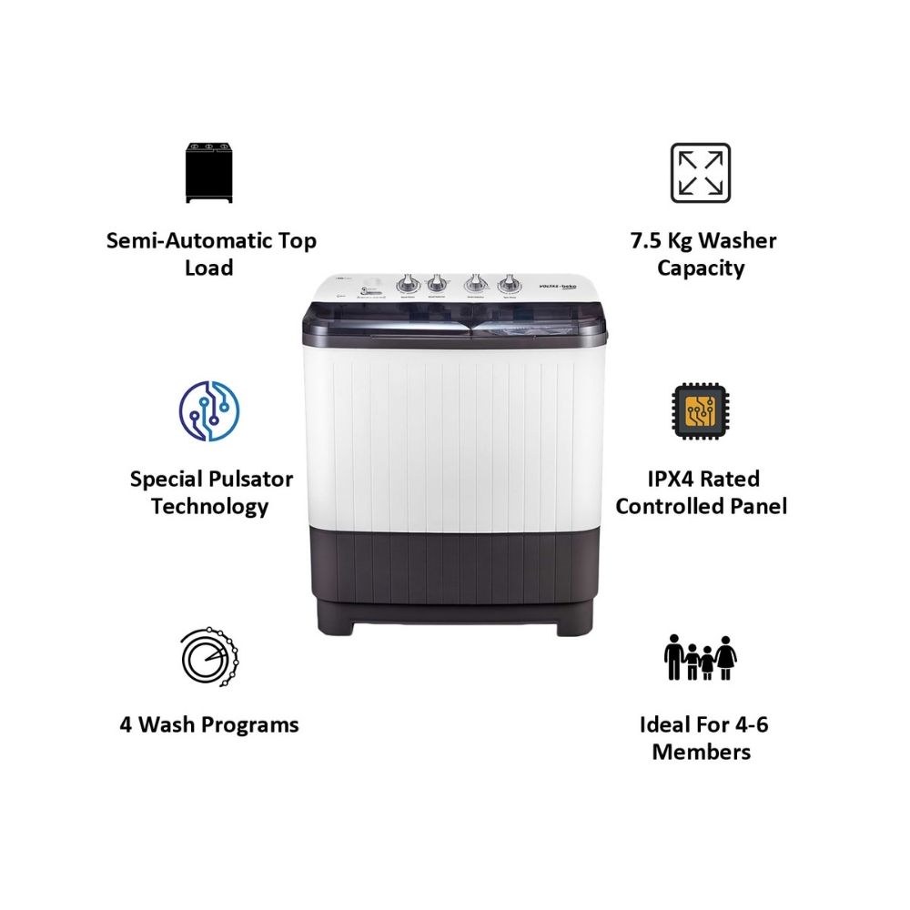 Voltas Beko 7.5 kg 5 Star Semi-Automatic Top Load Washing Machine ( WTT75DGRT, Grey)