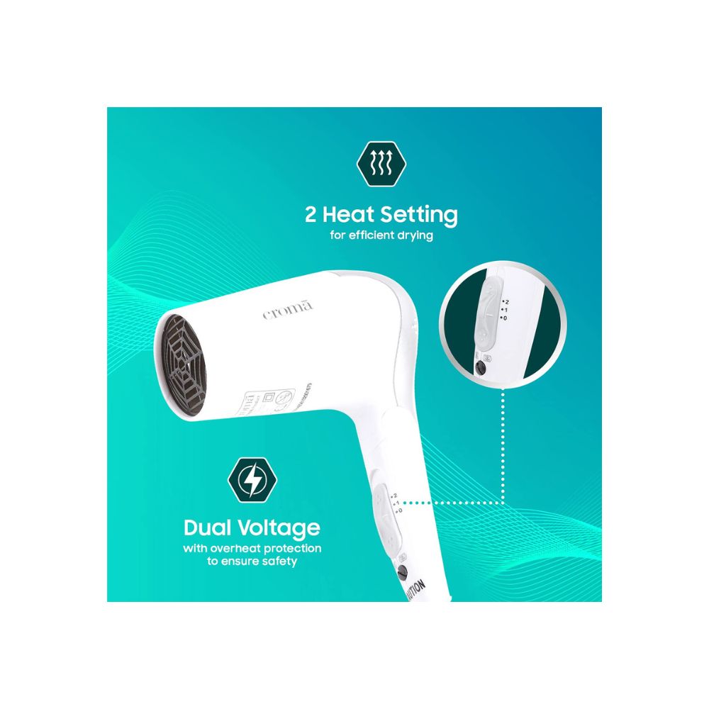 Croma 1000W Dual Voltage, Foldable Hair Dryer with 2 speed Settings (CRAH4056, Grey & White)