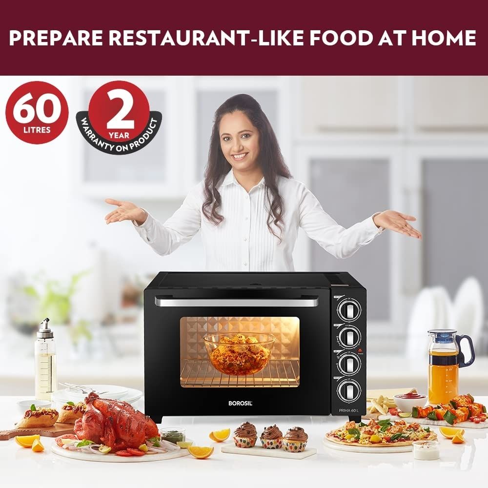 Borosil Prima 60 L Oven Toaster  Griller Motorised Rotisserie  Convection Heating 12 Heating Modes Black