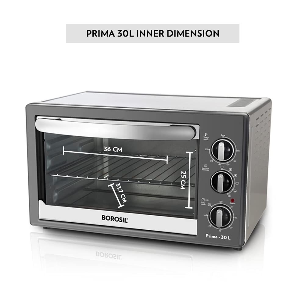 Borosil Prima 30 L Oven Toaster & Griller, Motorised Rotisserie & Convection Heating, 6 Heating Modes, Chrome Grey