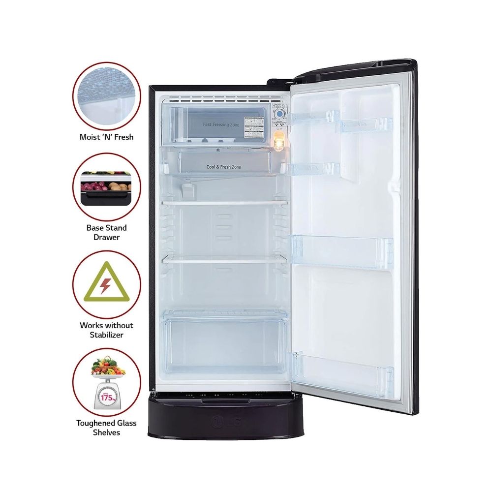 LG 190L 5 Star Inverter Direct-Cool Single Door Refrigerator (GL-D201APGZ, Purple Glow, Base stand with drawer)