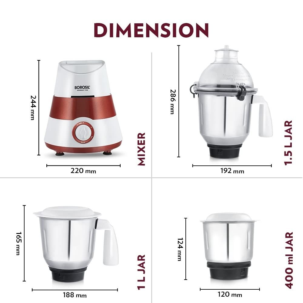BOROSIL HAMG750W28 SuperMax 750W - Red 750 Juicer Mixer Grinder (3 Jars, Red, White)