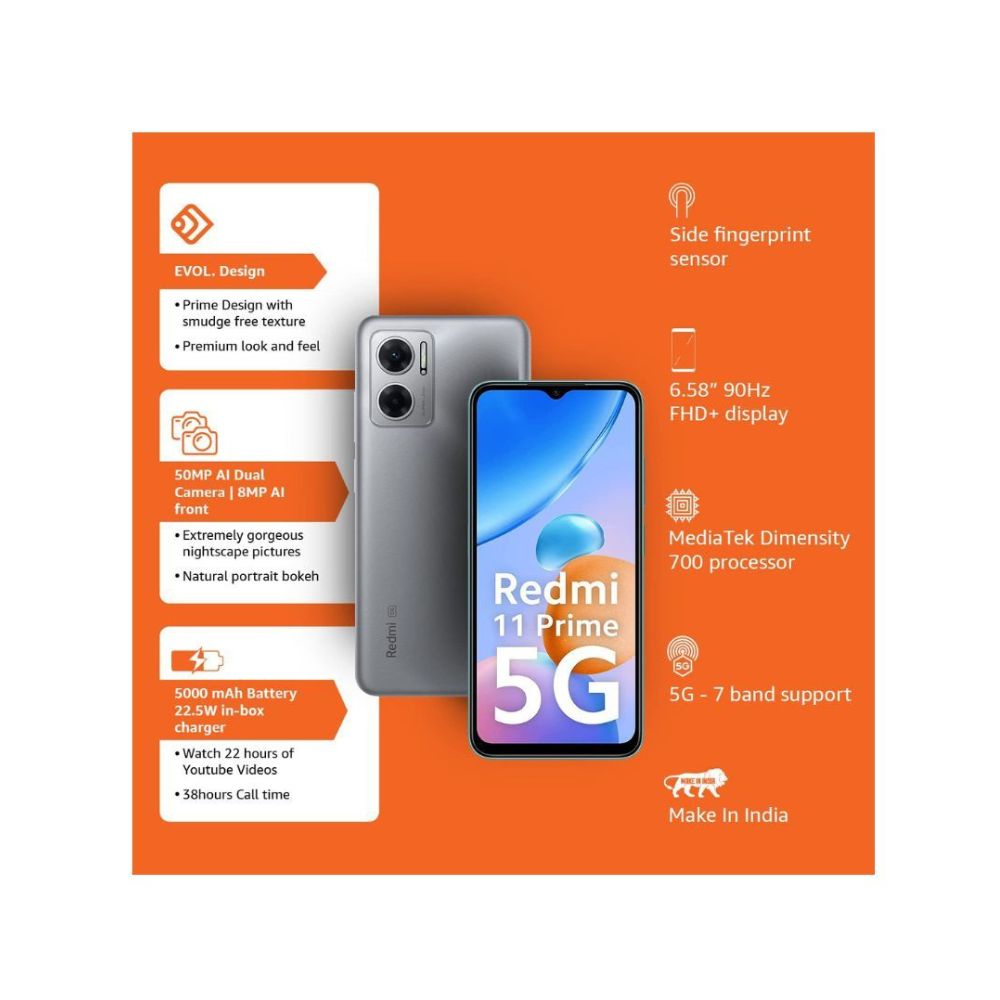 Redmi 11 Prime 5G (Chrome Silver, 4GB RAM 64GB ROM) | MTK Dimensity 700 | 50 MP Dual Cam | 5000mAh