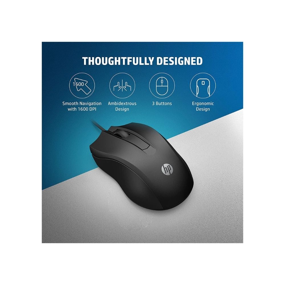 HP 100- 1600 DPI USB Wired Mouse, Ambidextrous Design (6VY96AA)