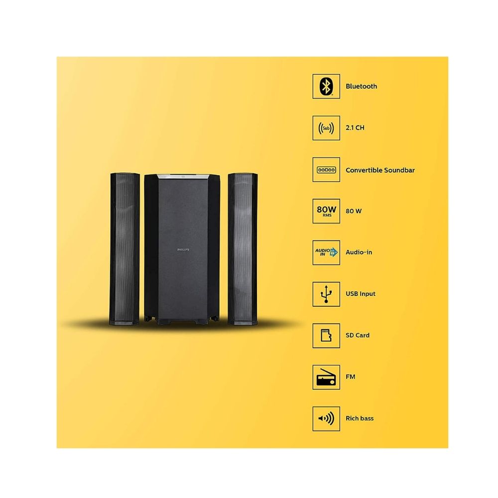 Philips Audio MMS8085B/94 2.1 Channel 80W Multimedia Speaker System with Convertible Soundbar