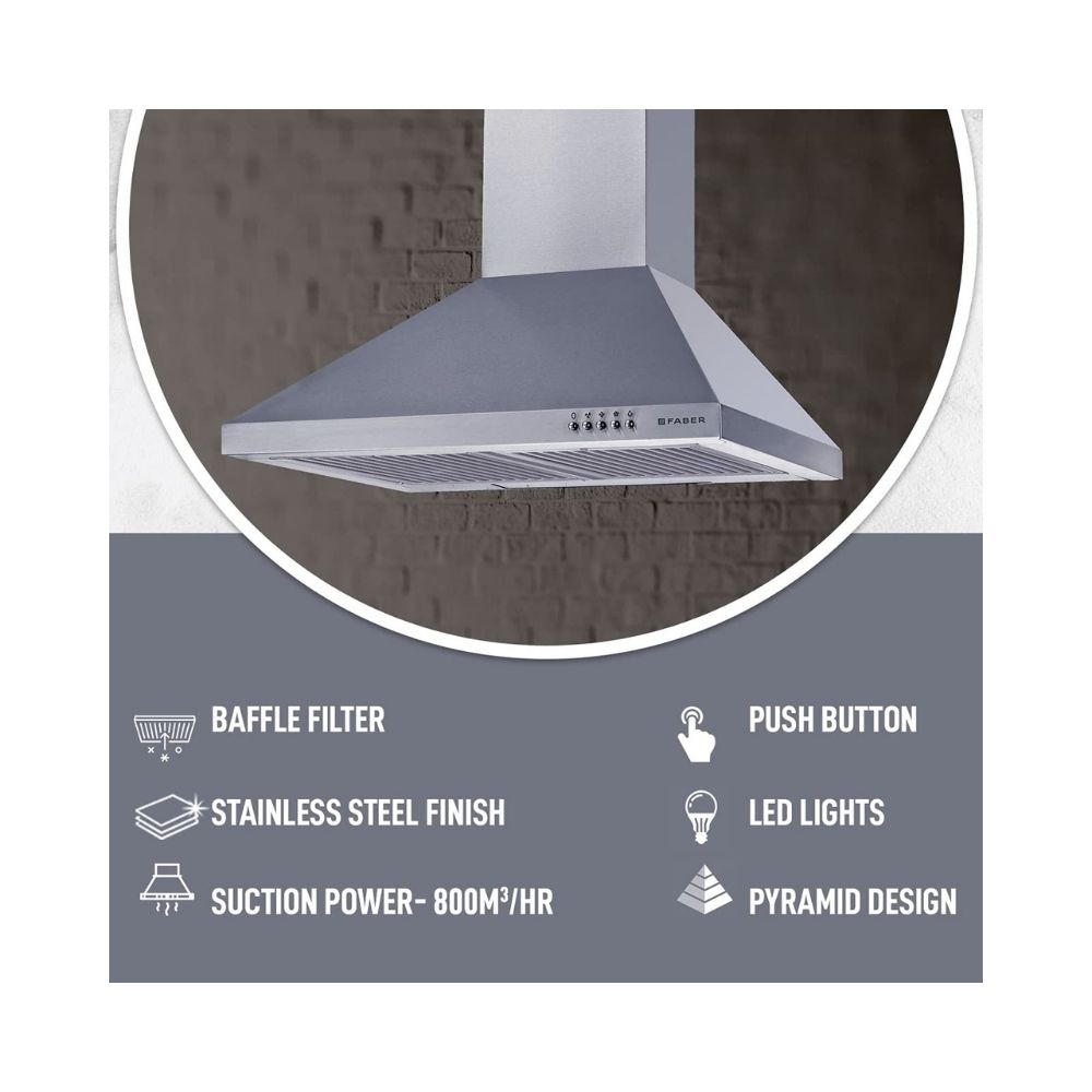 Faber 60 cm 800 m³/HR Pyramid Kitchen Chimney (HOOD CONICO PLUS BF SS 60, 2 Baffle Filters, Silver)