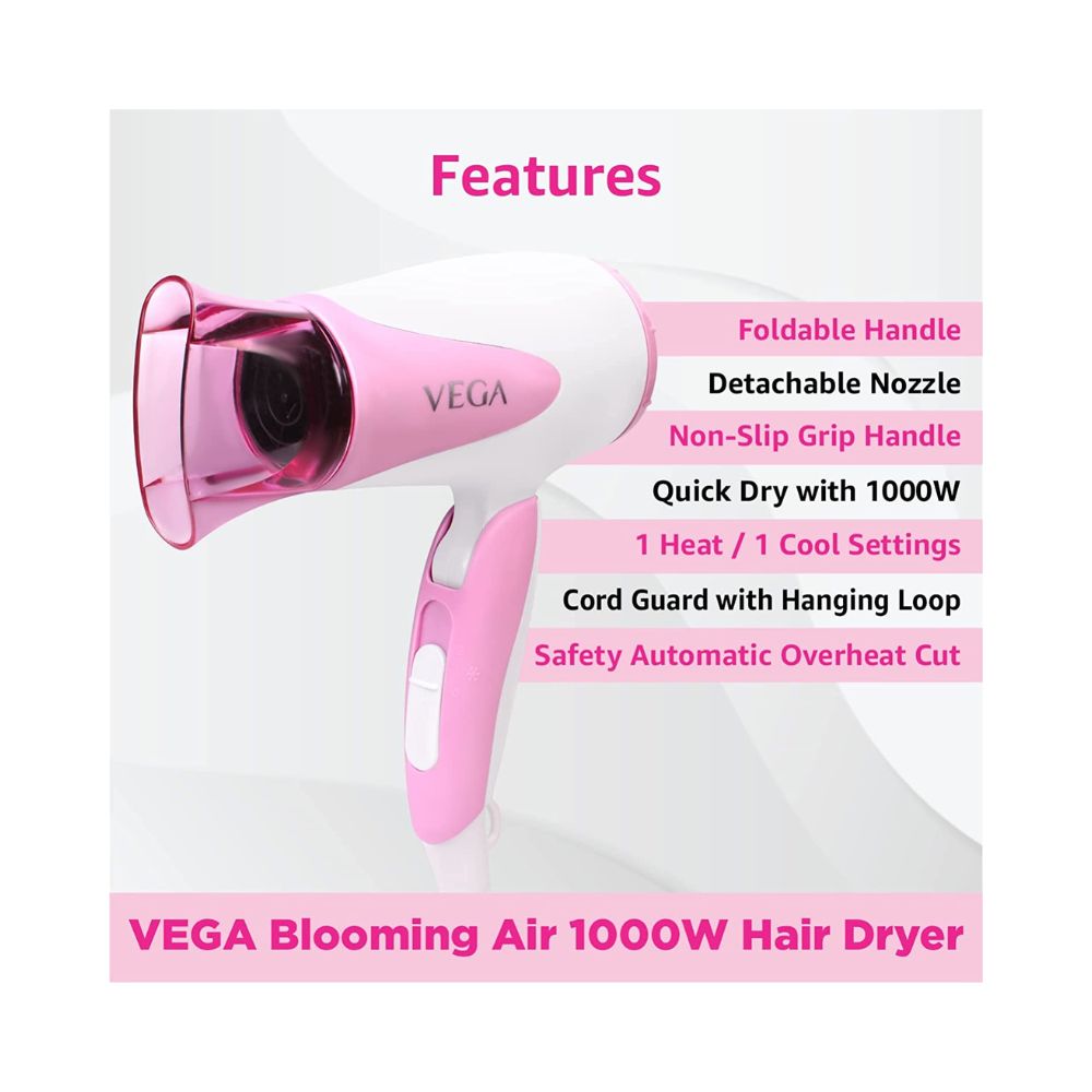 Vega Blooming Air Foldable 1000 Watts Hair Dryer With Heat & Cool Setting And Detachable Nozzle (VHDH-05)