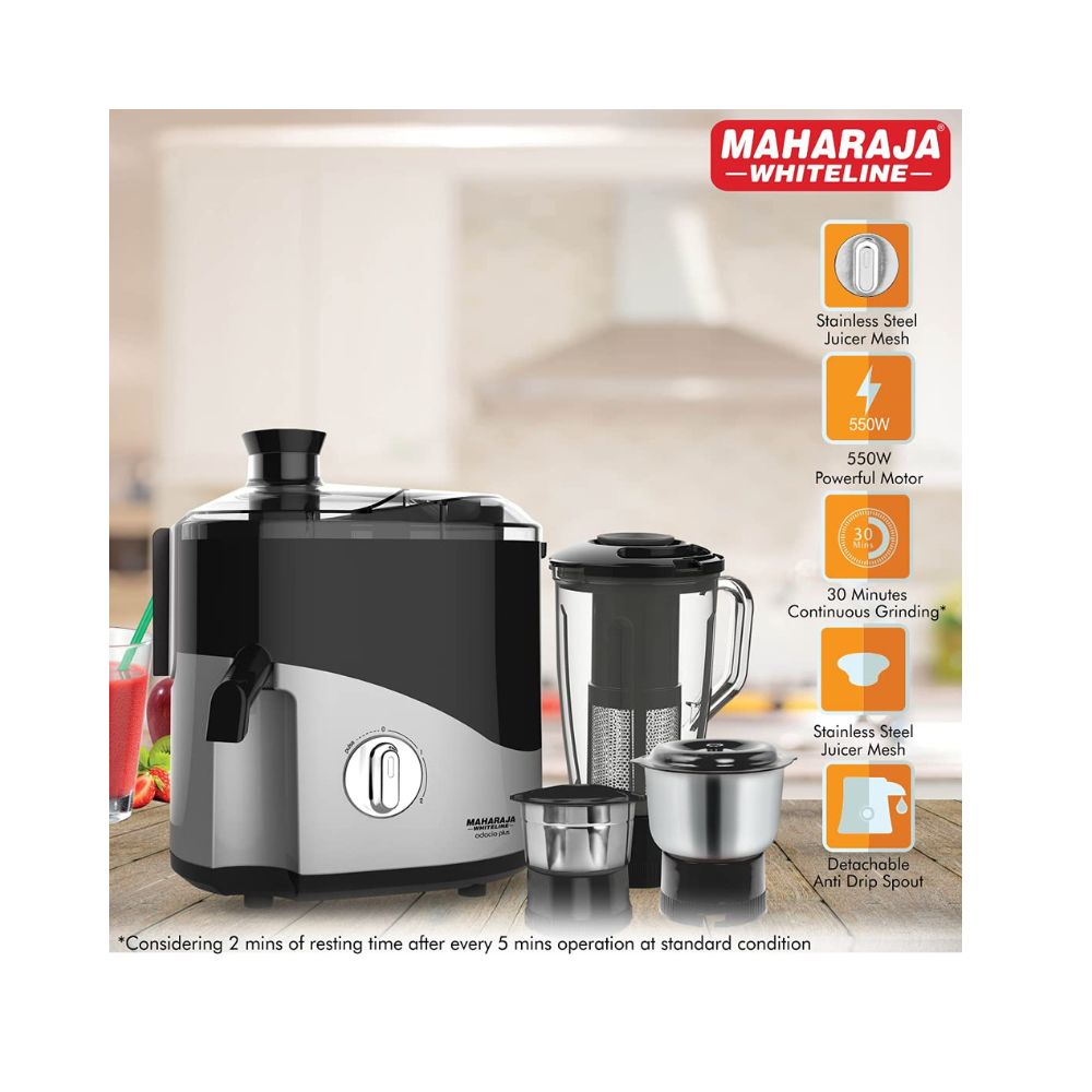 Maharaja Whiteline Odacio Plus 550-Watt Juicer Mixer Grinder with 3 Jars (Black/Silver)