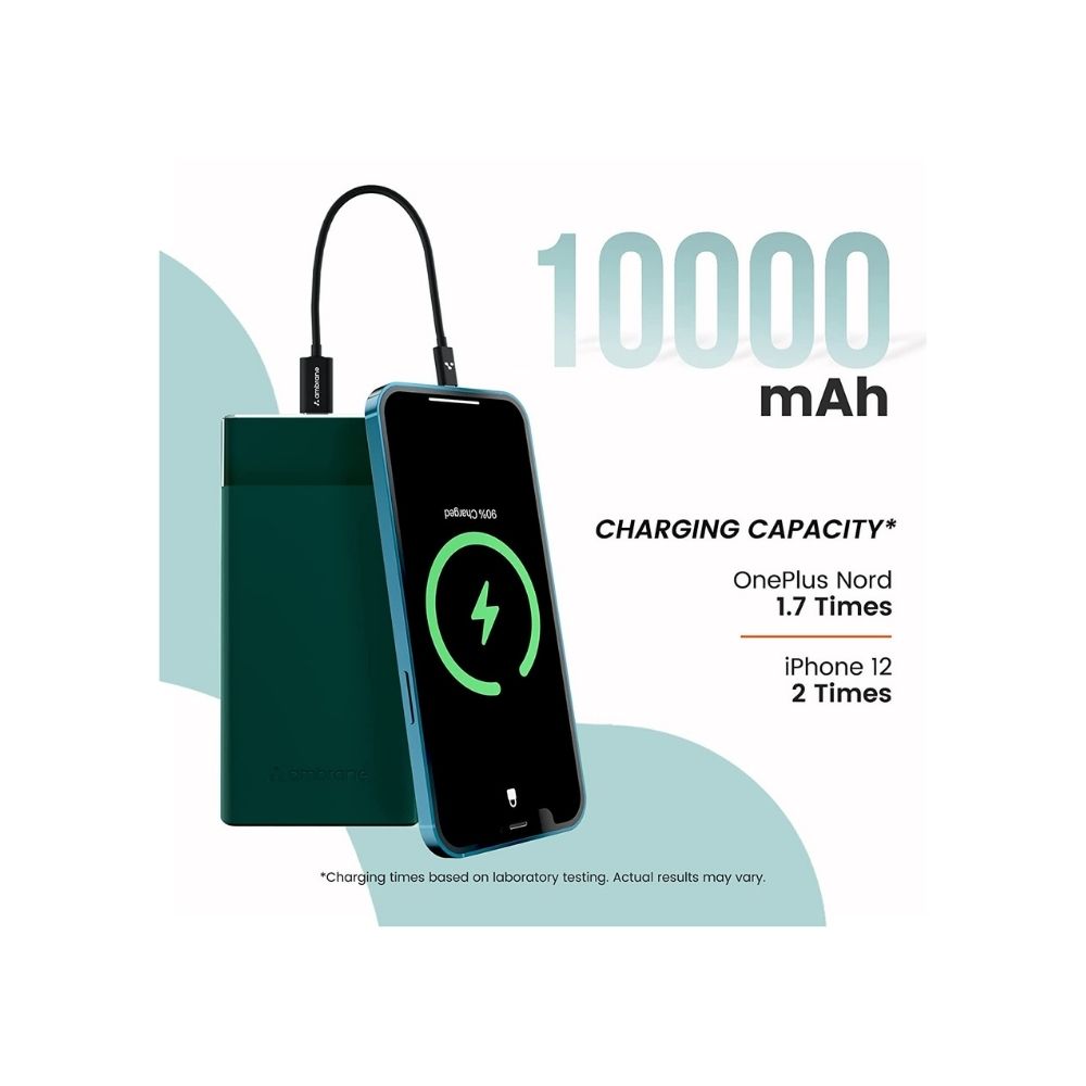 Ambrane 10000mAh Power Bank with 20W Fast Charging, Dual Output, Power Delivery, Type C Input(Stylo-10k, Green)