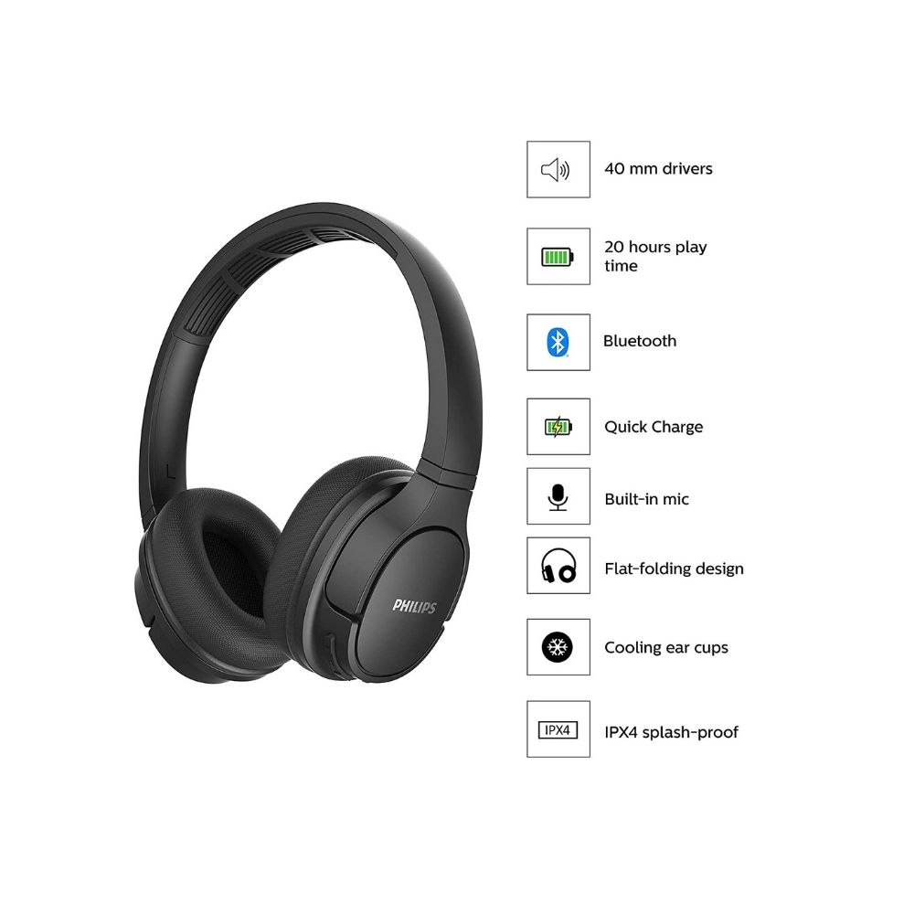 Philips Audio ActionFit Bluetooth Wireless On Ear Headphones with Mic (Black)