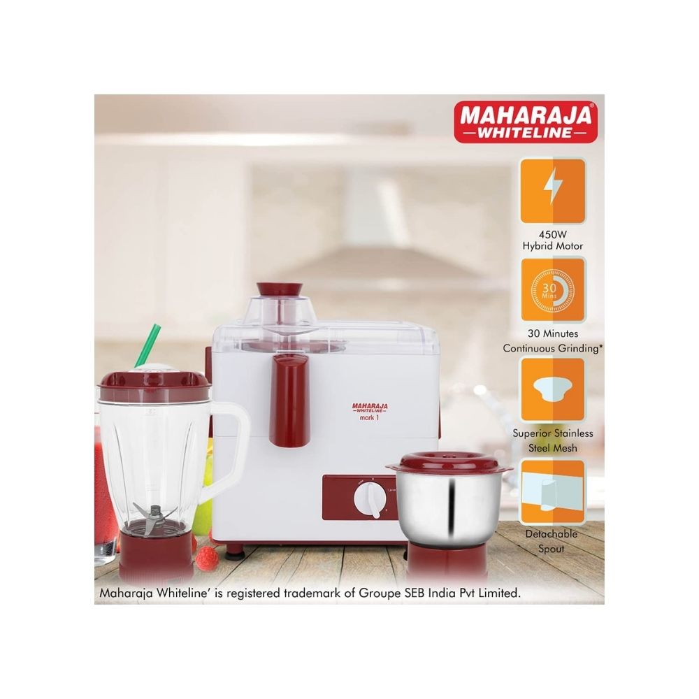 Maharaja Whiteline Mark-1 Happiness JX-100 450 W Juicer Mixer Grinder (3 Jars, Multicolor)