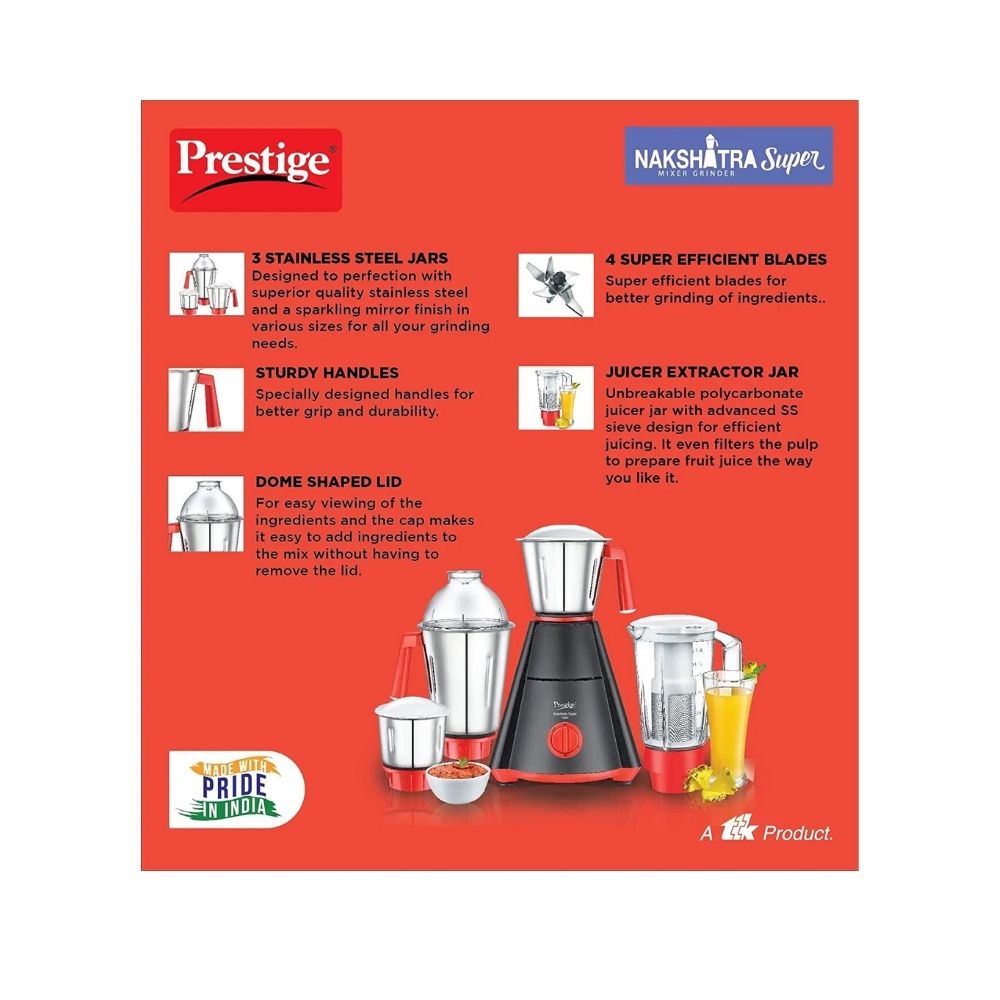 Prestige Nakshatra Super Mixer Grinder- 750 watts - with 3 Stainless Steel Jar and 1 juicer Jar  (42522)