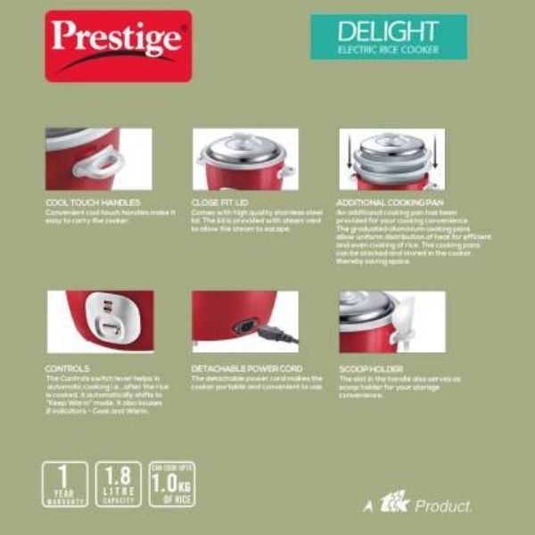 Prestige CUTE 1.8-2 Electric Rice Cooker with Steaming Feature  (1.8 L, Silky Red)