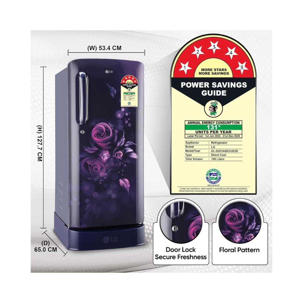 LG 185 L 5 Star Inverter Direct-Cool Single Door Refrigerator GL-D201ABEU Blue Euphoria Base stand with drawer