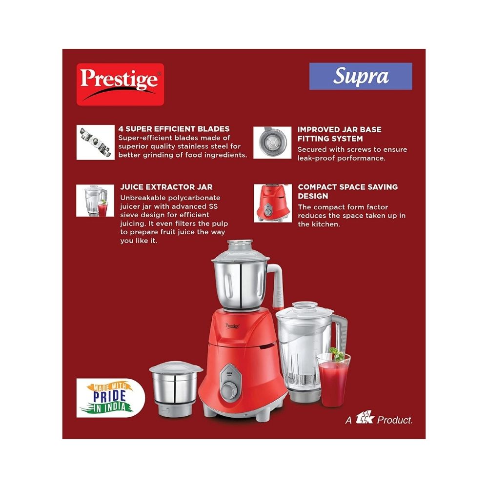 Prestige Supra 750 watt Mixer Grinder, Red, Small