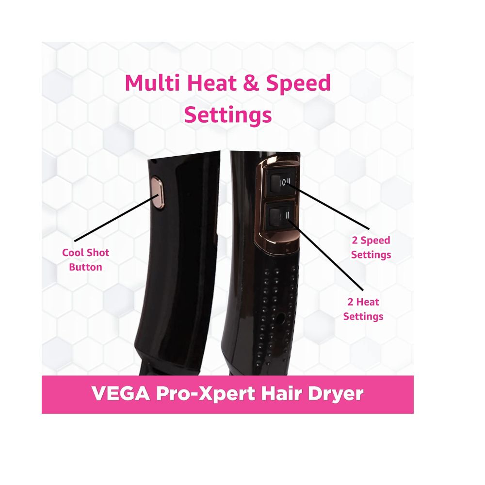 Vega Pro-Xpert 2200 W Professional Hair Dryer with Diffuser & 2 Detachable Nozzles (VHDP-03) Black