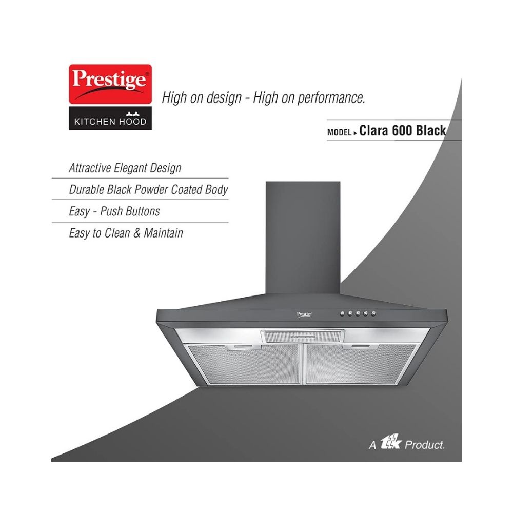 Prestige Clara 600 Glass Kitchen Hood with Powder Coated Body and Aluminium Filter, 800m3HR, Black