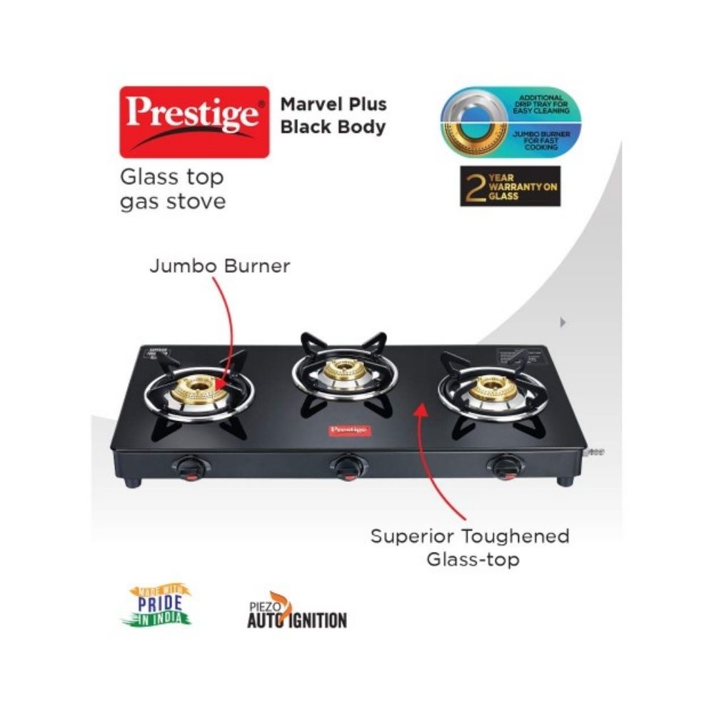 Prestige Marvel Plus Auto Ignition 3 Burner Glass top, GTM 03 AI, Black