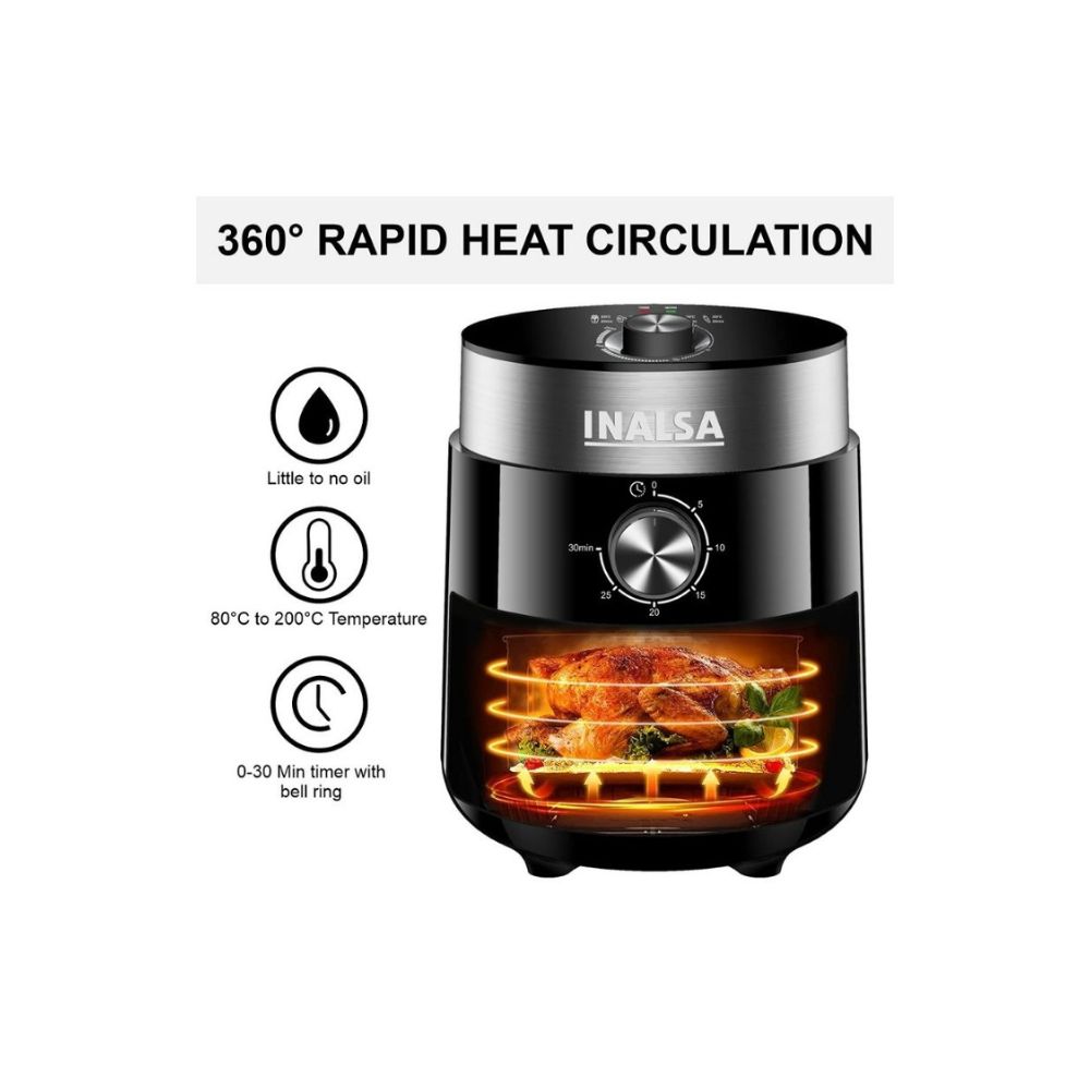 Inalsa 2.5 L Inox-1200W Air Fryer with Power & Heating Light Indicator And 30min Timer with Bell Ring, (Black)