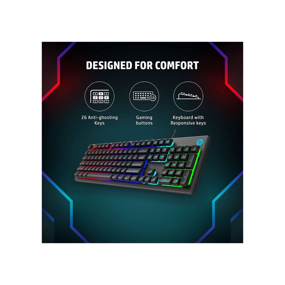 HP K500F Backlit Membrane Wired Gaming Keyboard with Mixed Color Lighting, 26 Anti-Ghosting Keys(7ZZ97AA)