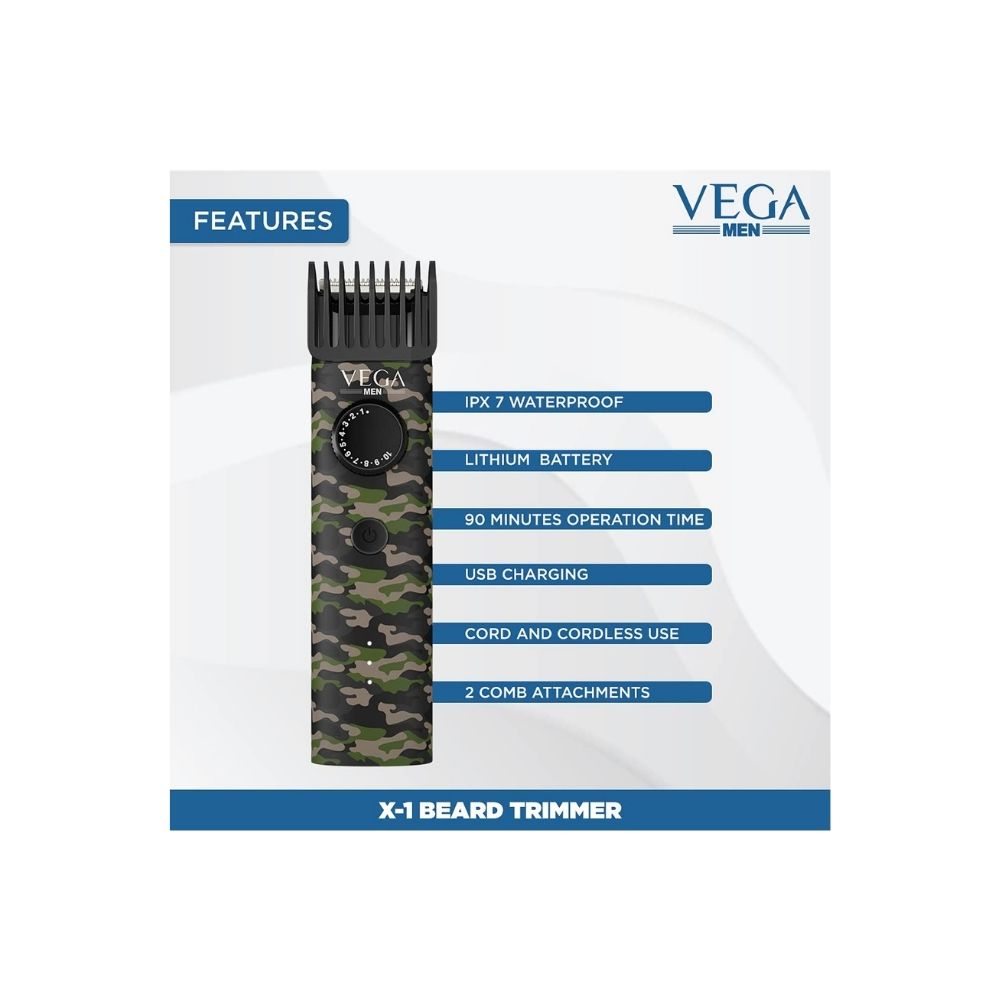 Vega Men X1 Beard Trimmer For Men With Quick Charge, 90 Mins Run-time, Waterproof (VHTH-16)