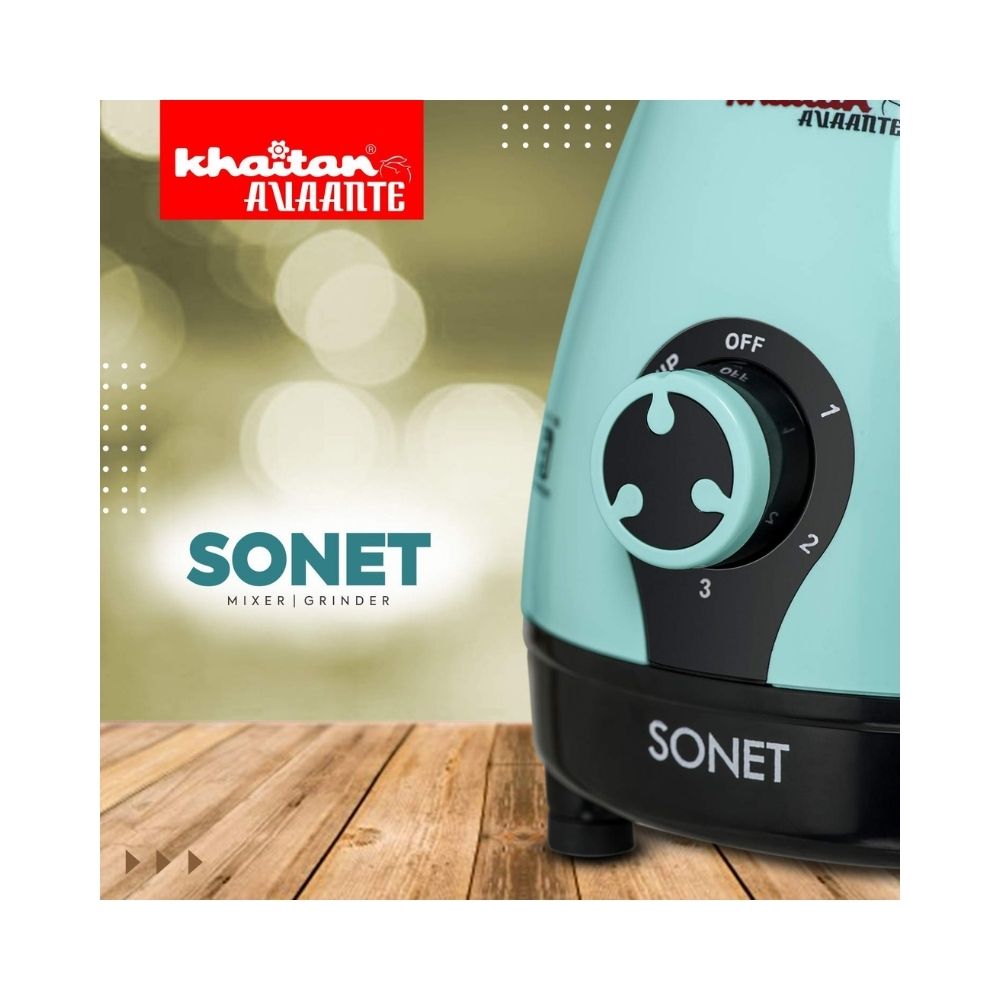 Khaitan  Avaante  ISI Certified SONET (500 Watt) Mixer Grinder with 3 Stainless Steel Jars - Turquoise Green