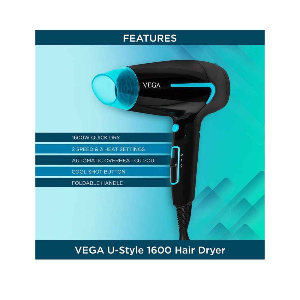 Vega U-Style 1600 Foldable Hair Dryer For Men & Women With Cool Shot Button, Black