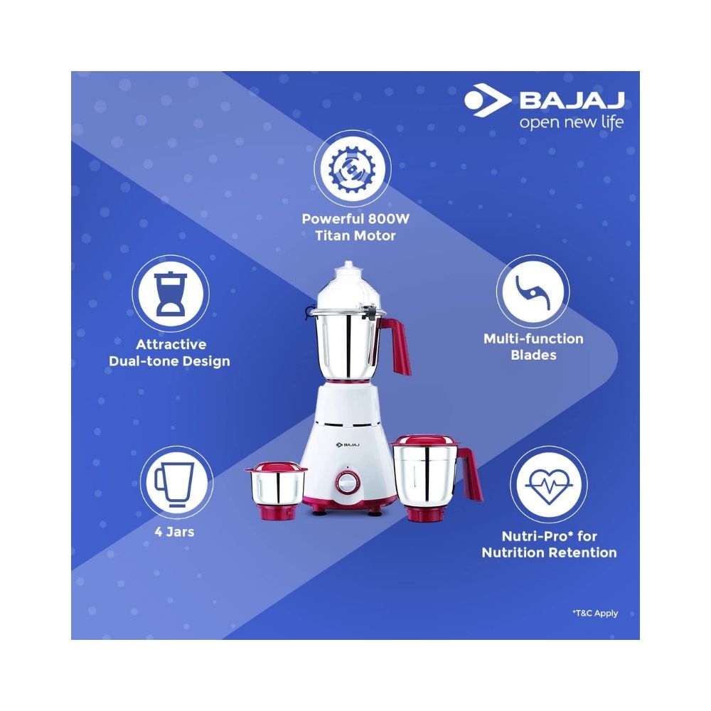 Bajaj 4701 GX 800 Mixer Grinder (4 Jars, Red, White)
