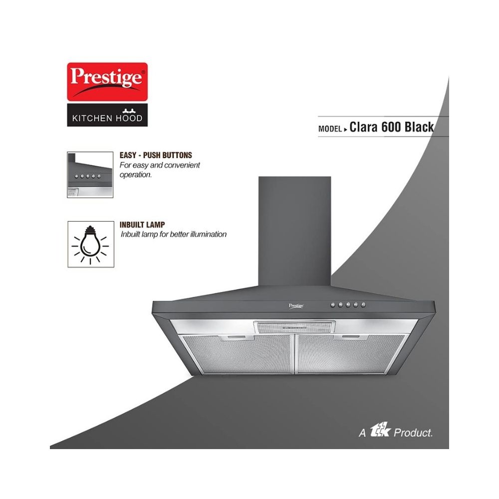 Prestige Clara 600 Glass Kitchen Hood with Powder Coated Body and Aluminium Filter, 800m3HR, Black