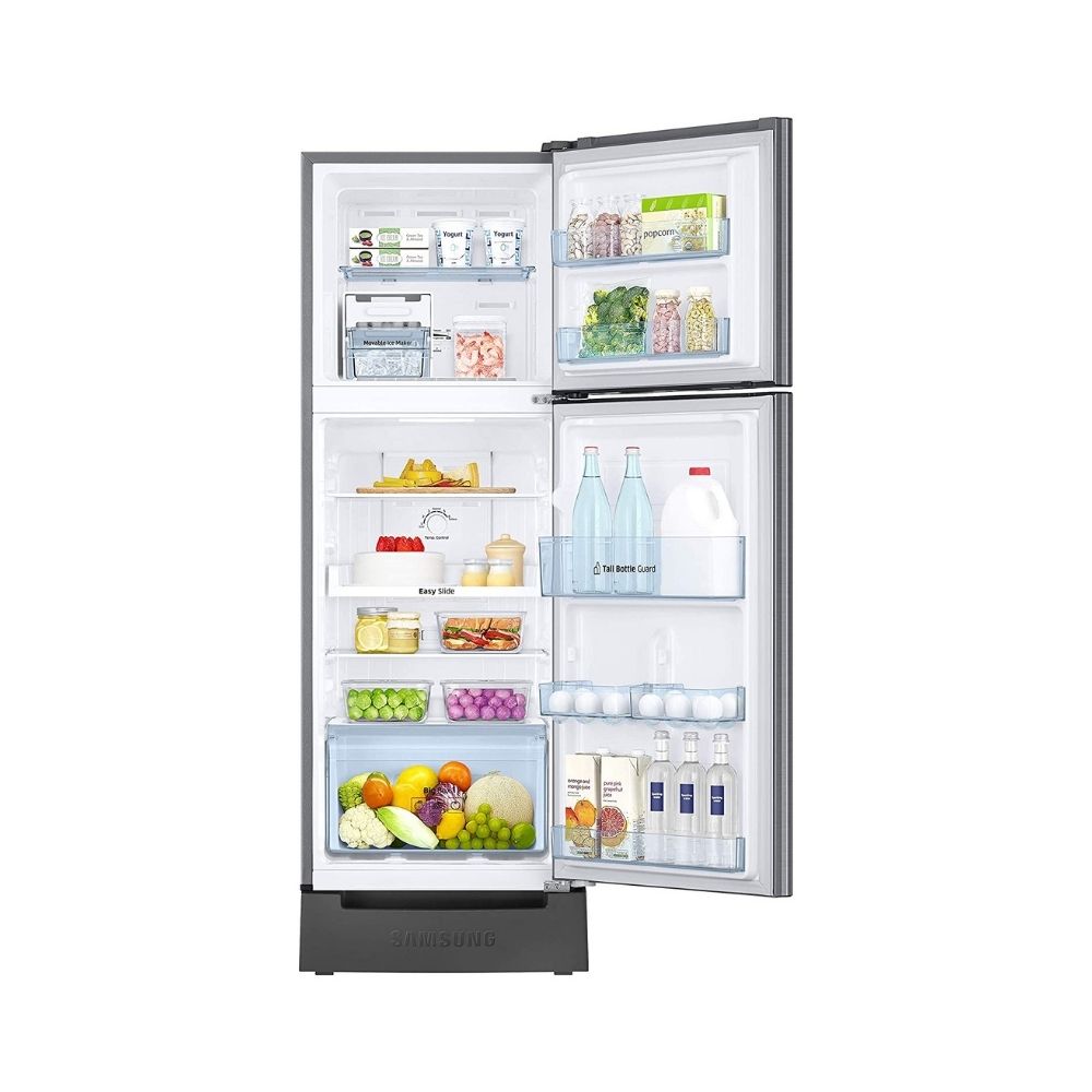 Samsung 253 L 2 Star Inverter Frost-Free Double Door Refrigerator (RT28T3122S9/HL, Refined Inox(Matt Doi Metal), Base Stand with Drawer))